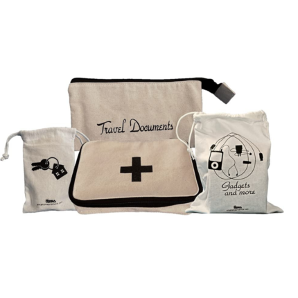 Arka Home Products Travel Essentails Set (Set of 4) Bags and organizers. First-Aid, Travel Documents Pouch, Keys and Gadgets Bag. Off-White